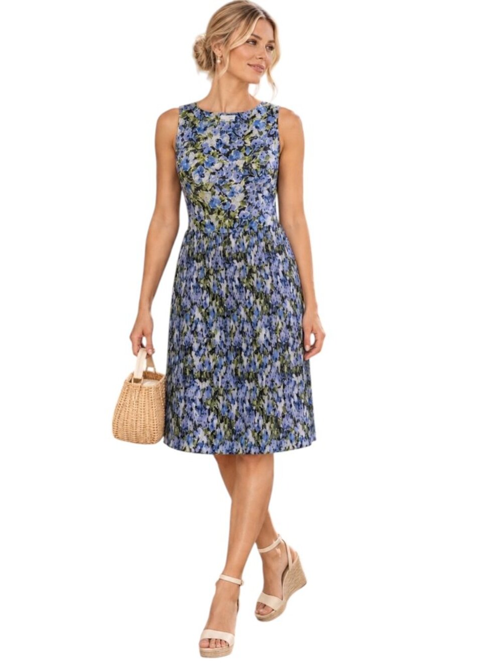 J. Jill Blue Floral Pleated Sleeveless Dress